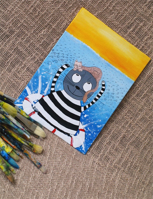 Original cat painting / Kitty art / Blue Sea Splash / Playing Kittens / Funny Cute Painting Greeting card / Animal illustration