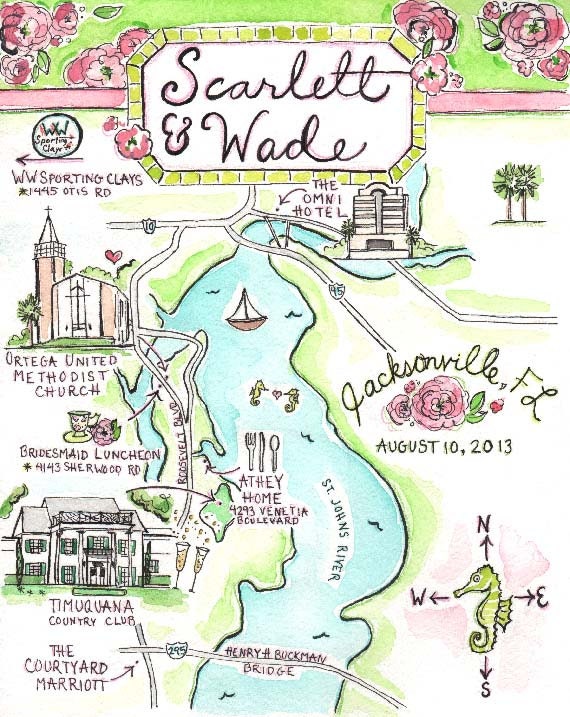 8x10-Custom Wedding Map-Jacksonville, FL-Hand Drawn Original Artwork