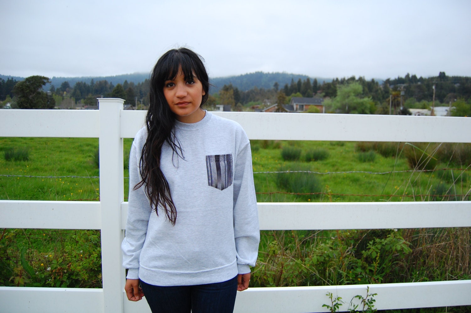 Grey Guatemalen Tribal Print Pocket Crewneck
