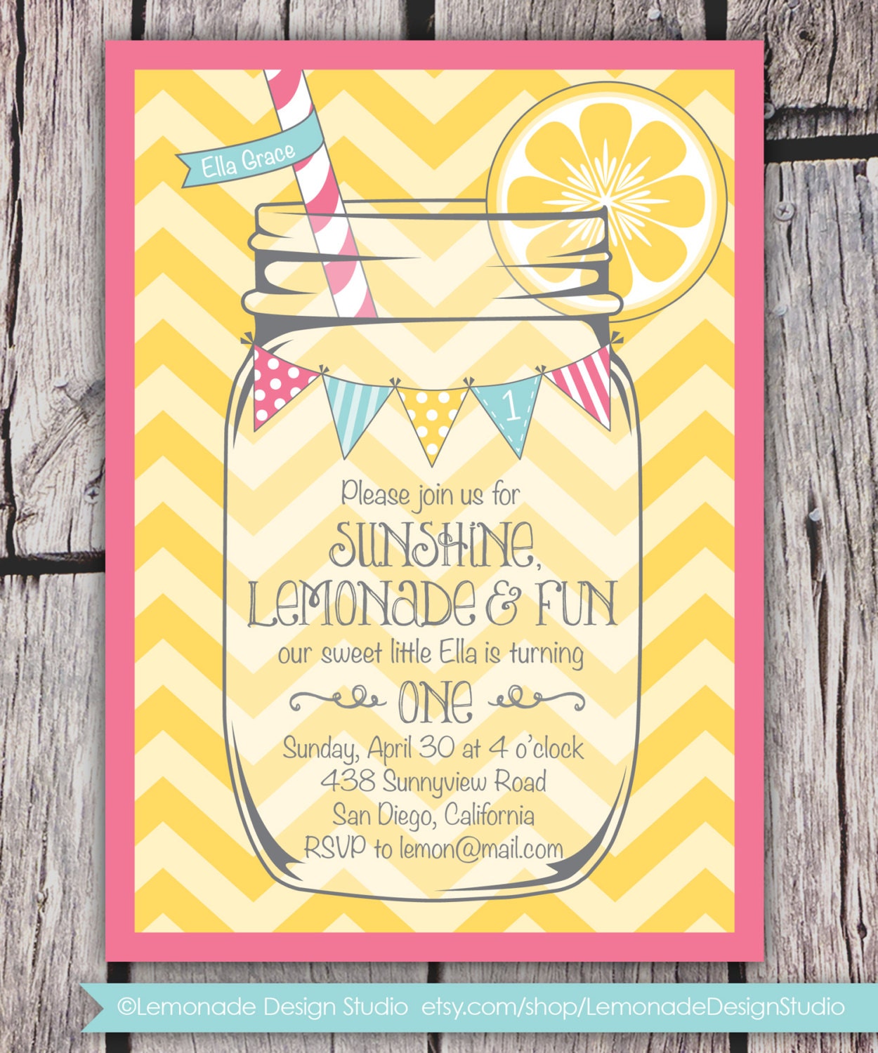 Lemonade Stand Party Invitation - Yellow Chevrons - Mason Jar - Bunting - Pink Lemonade Birthday Party Printable Invite - Bridal Shower -