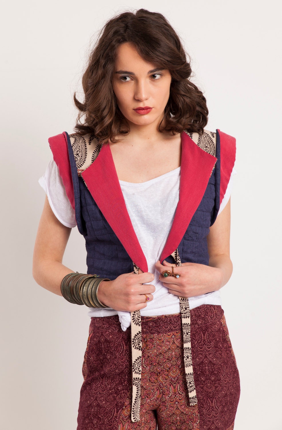 Cropped linen vest with Indian cotton, Cropped jacket, Quilted linen blue jacket, Summer jacket, Denim vest