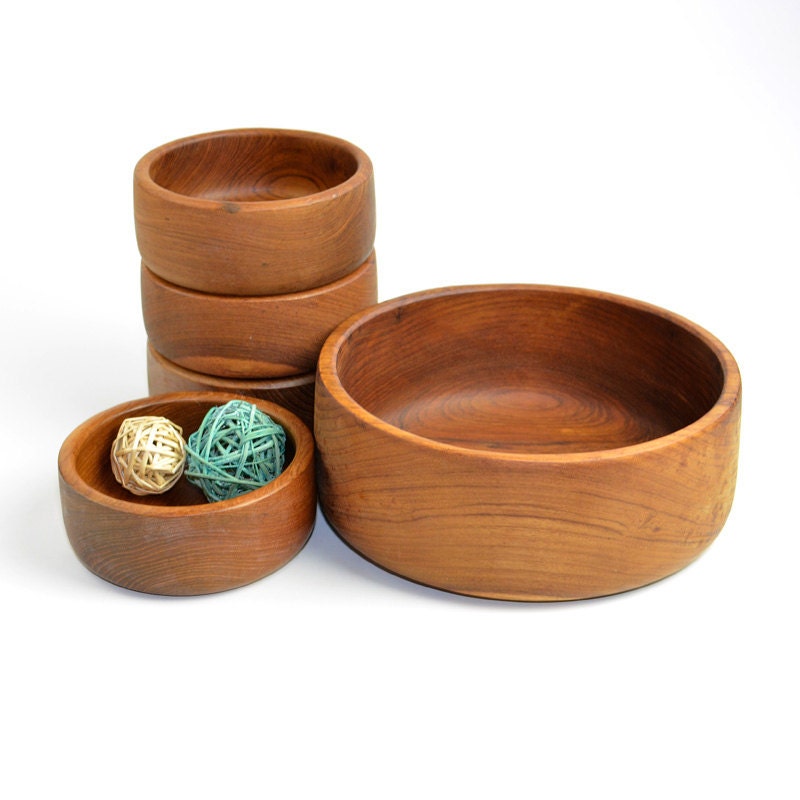 Wooden Salad Bowl Serving Set - Genuine Natural Teak Dishes by Goodwood, Thailand - Vintage Home Kitchen Accessory