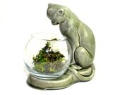Cat Fish Bowl or Terrarium Pedestal - Large Hunter Green Glazed Ceramic Cat Over Glass Fishbowl - Vintage Home Decor, Mid Century Kitsch