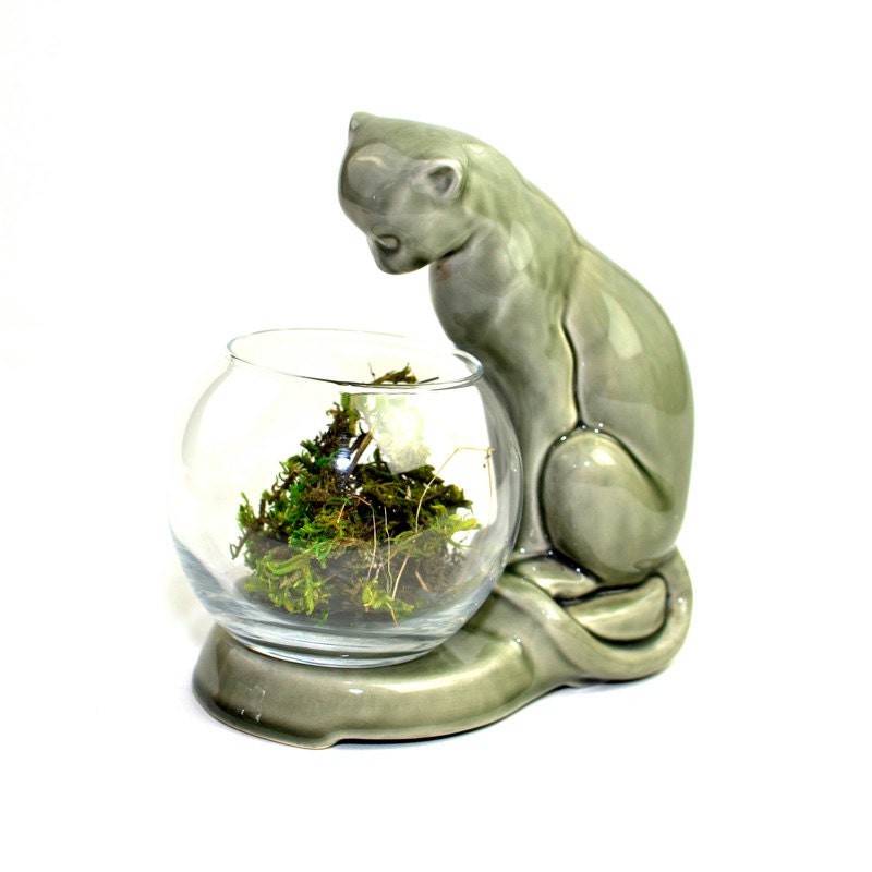 Cat Fish Bowl or Terrarium Pedestal - Large Hunter Green Glazed Ceramic Cat Over Glass Fishbowl - Vintage Home Decor, Mid Century Kitsch