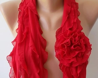 Red Chiffon Rose Shawl/ Scarf - Headband -Cowl---Mothers Day gift
