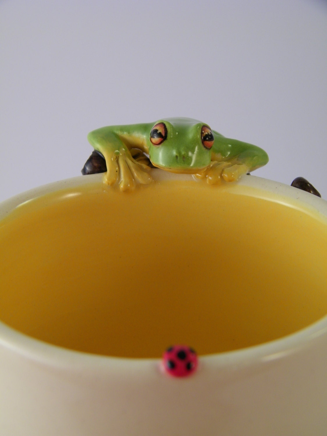 Sculpted Frog & Ladybug Mug/Cup with Tree Branch Handle Featuring Yellow Interior