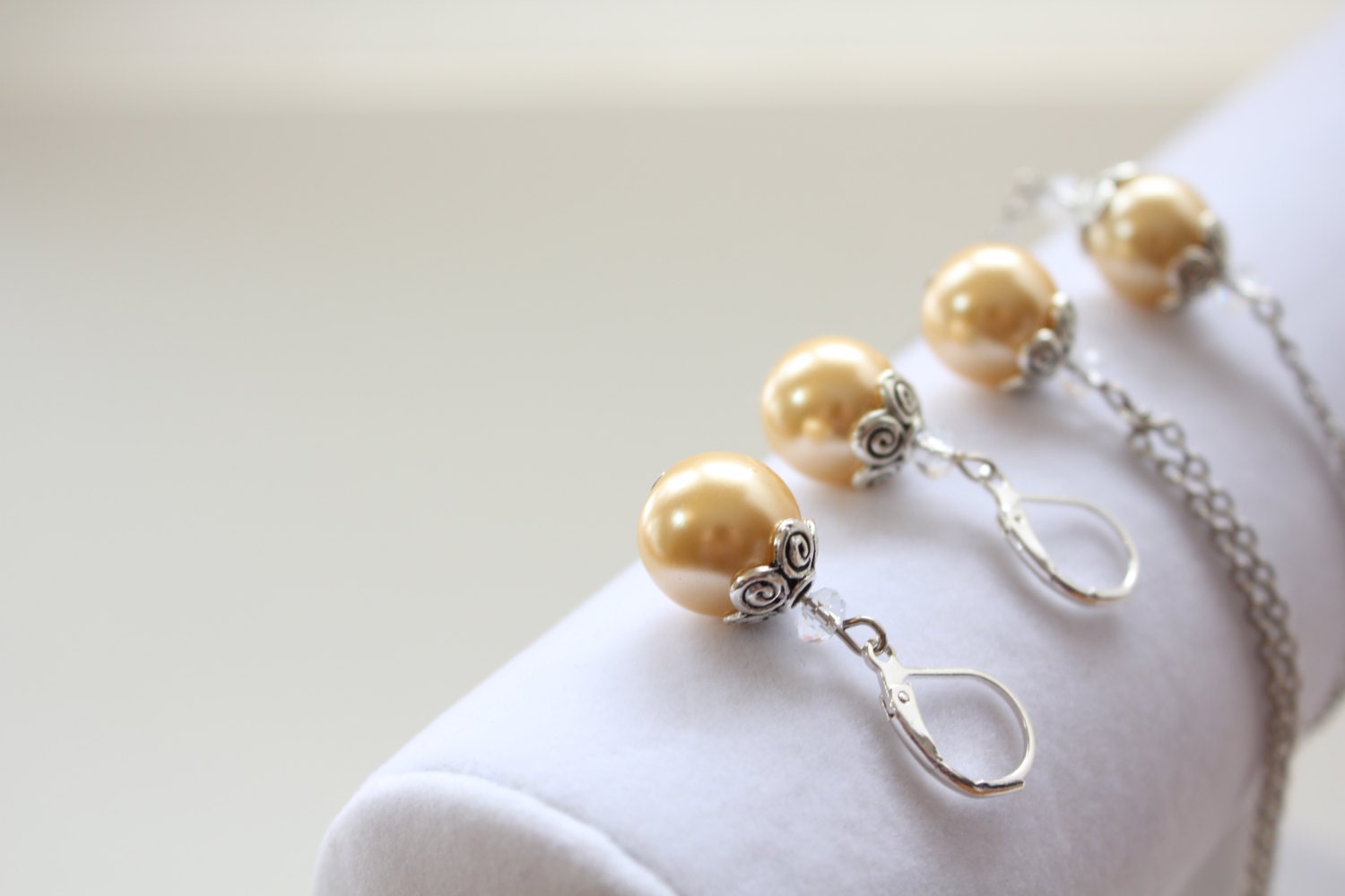 Pearl Necklace, Earrings, Bracelet Set - Yellow - Bridesmaid Jewelry - Prom - Easter