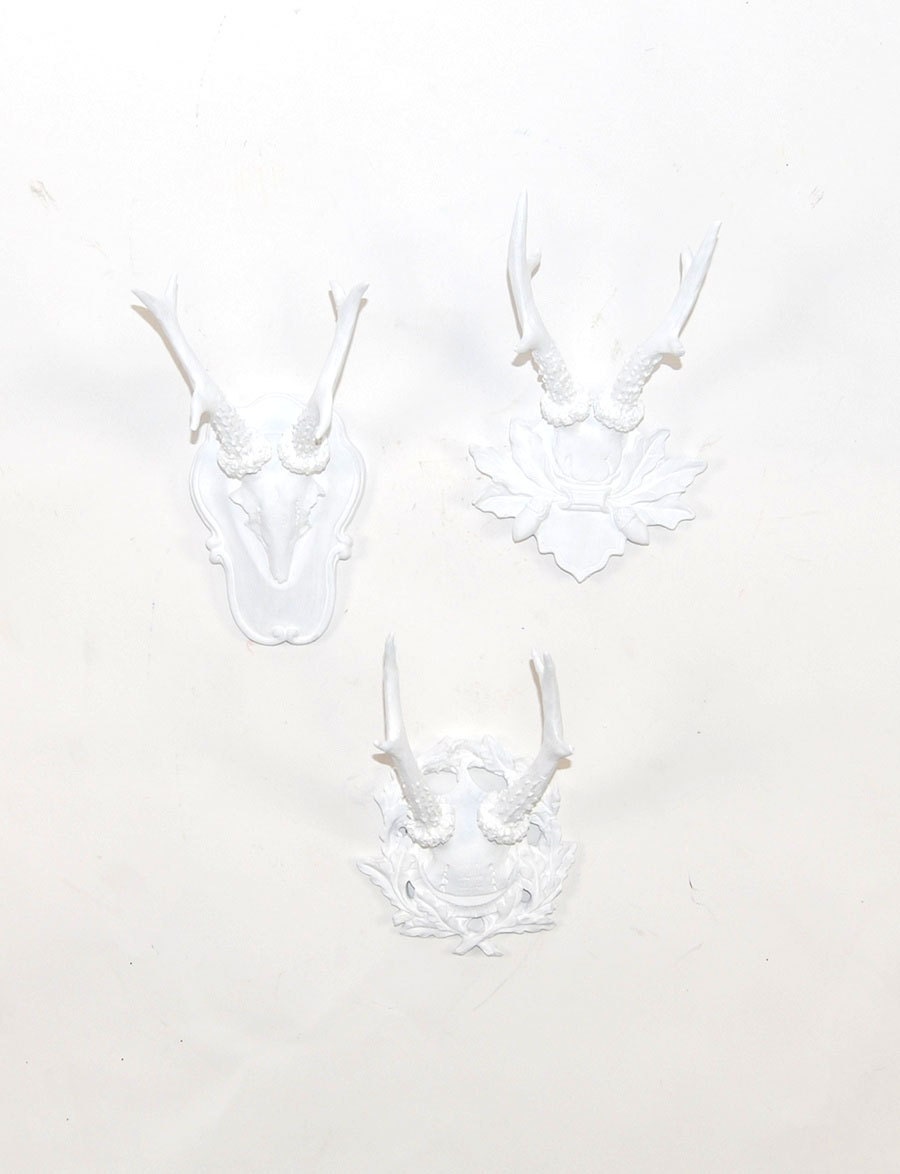 White Faux Taxidermy - Faux Deer Antler Skull Caps w/Filigree - Set of 3 White Resin Deer Caps w/Filigree - Mounted Deer Antlers