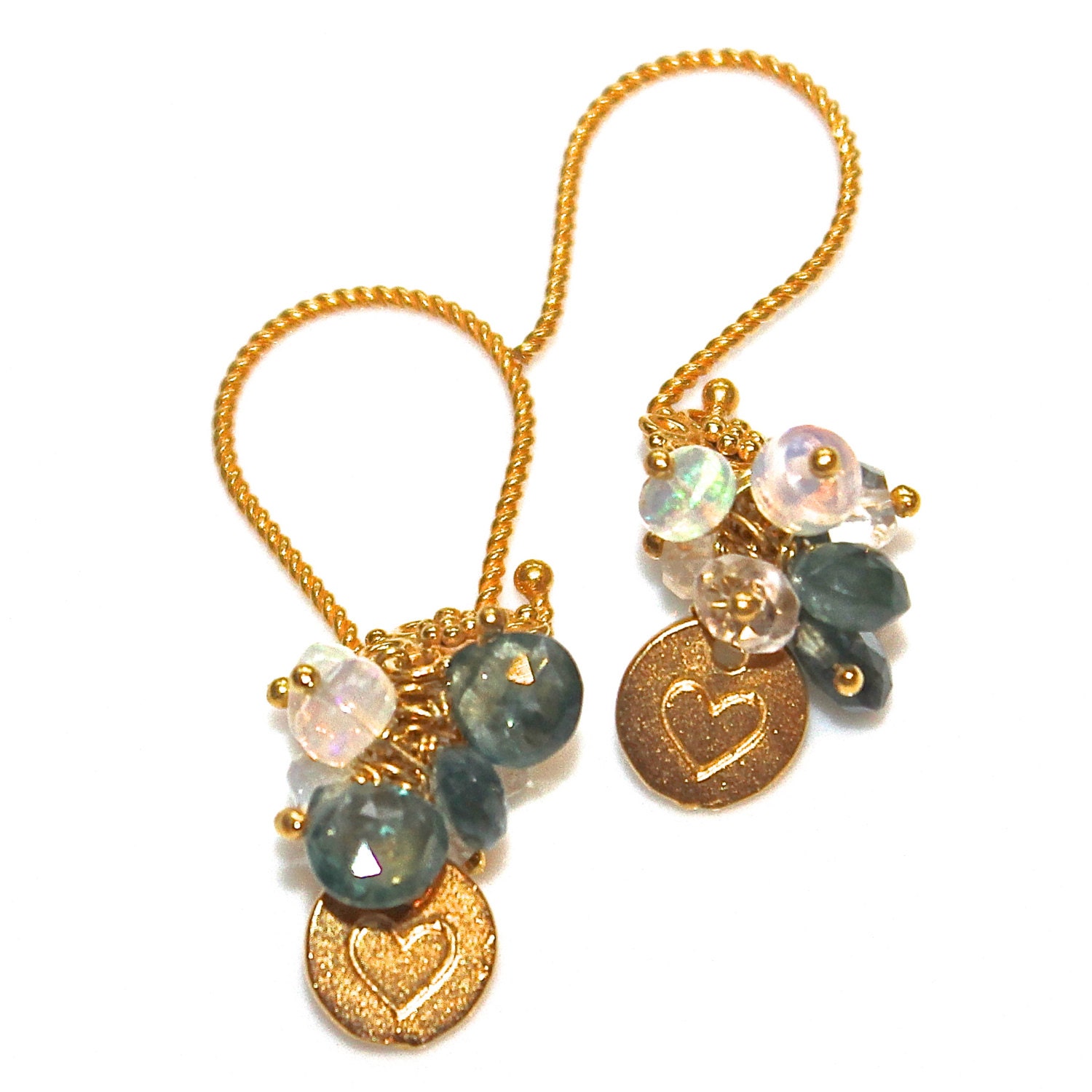 Summer Jewelry Thai Sapphire Opal Gold Vermeil Heart Dangle Earrings Teal Blue