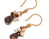 Smoky Quartz Chocolate Brown Teardrops Pearl Heart Gold Vermeil Bali Dangle Drop Cluster Earrings Summer Jewelry Gemstone