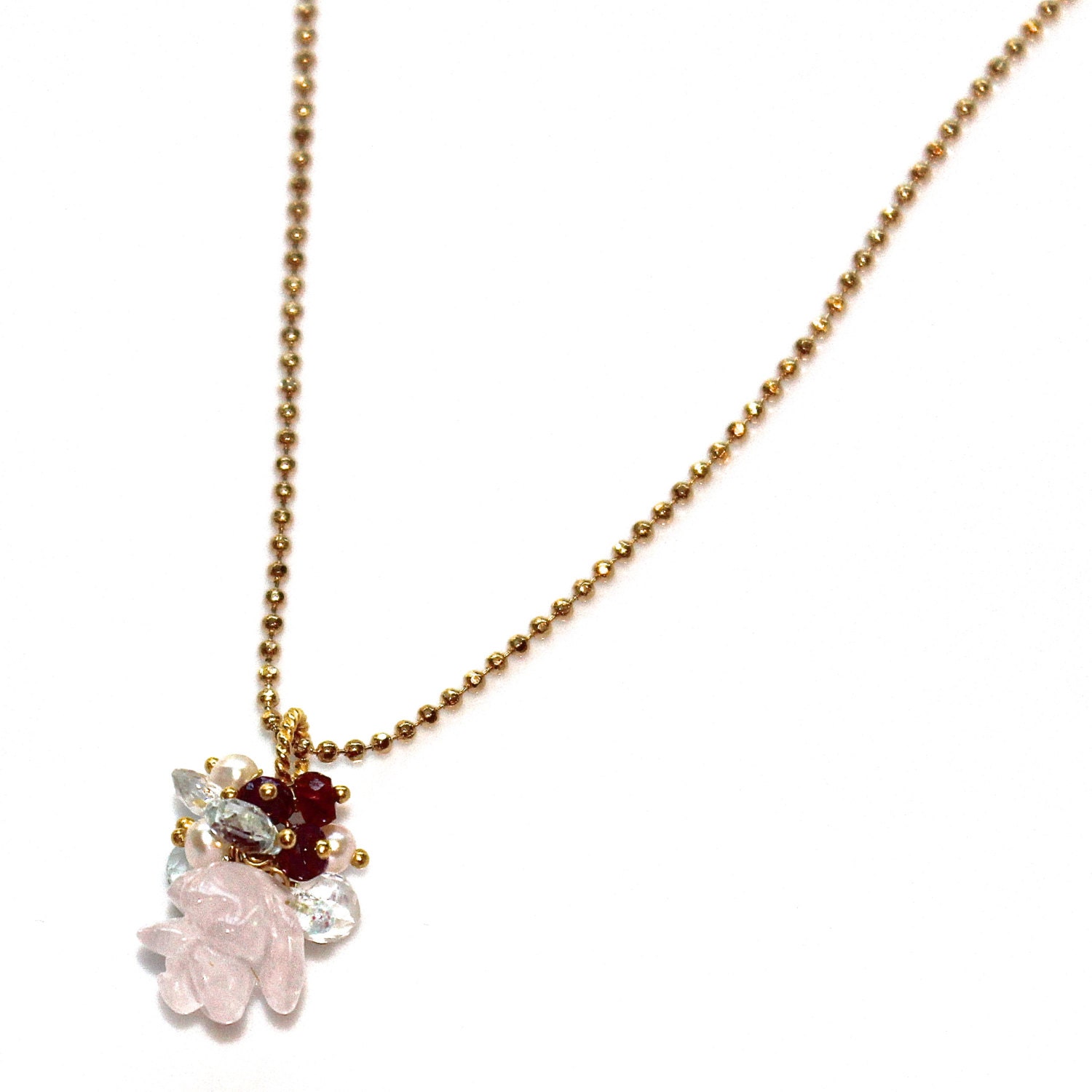 Carved Rose Quartz Necklace Green Amethyst Pink Spinel Freshwater Pearl Gold Vermeil Gemstone Jewelry