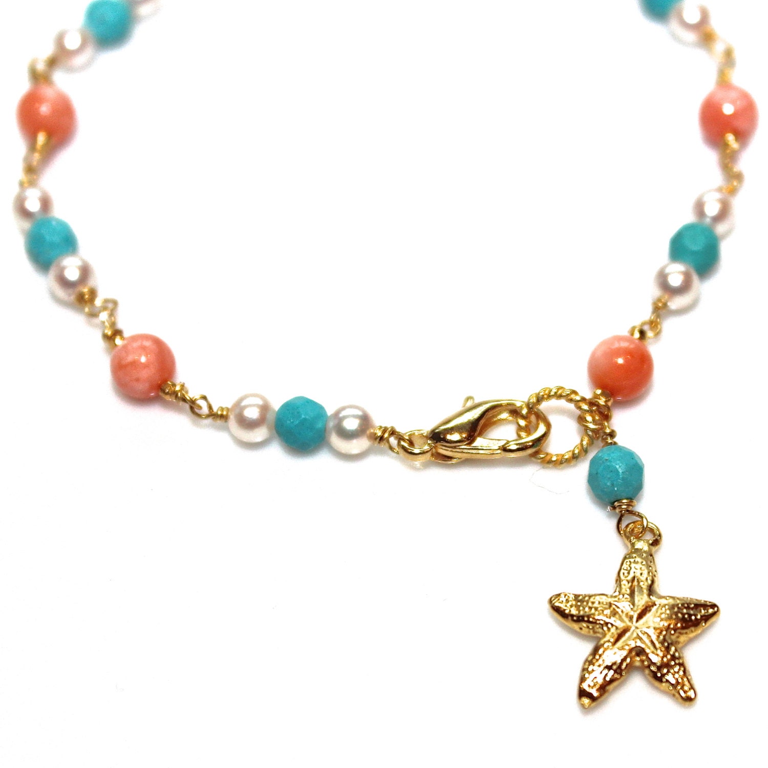 Angelskin Coral Bracelet Turquoise Freshwater Pearl Beaded Bracelet Gold Starfish Summer Bracelet Gemstone Jewelry