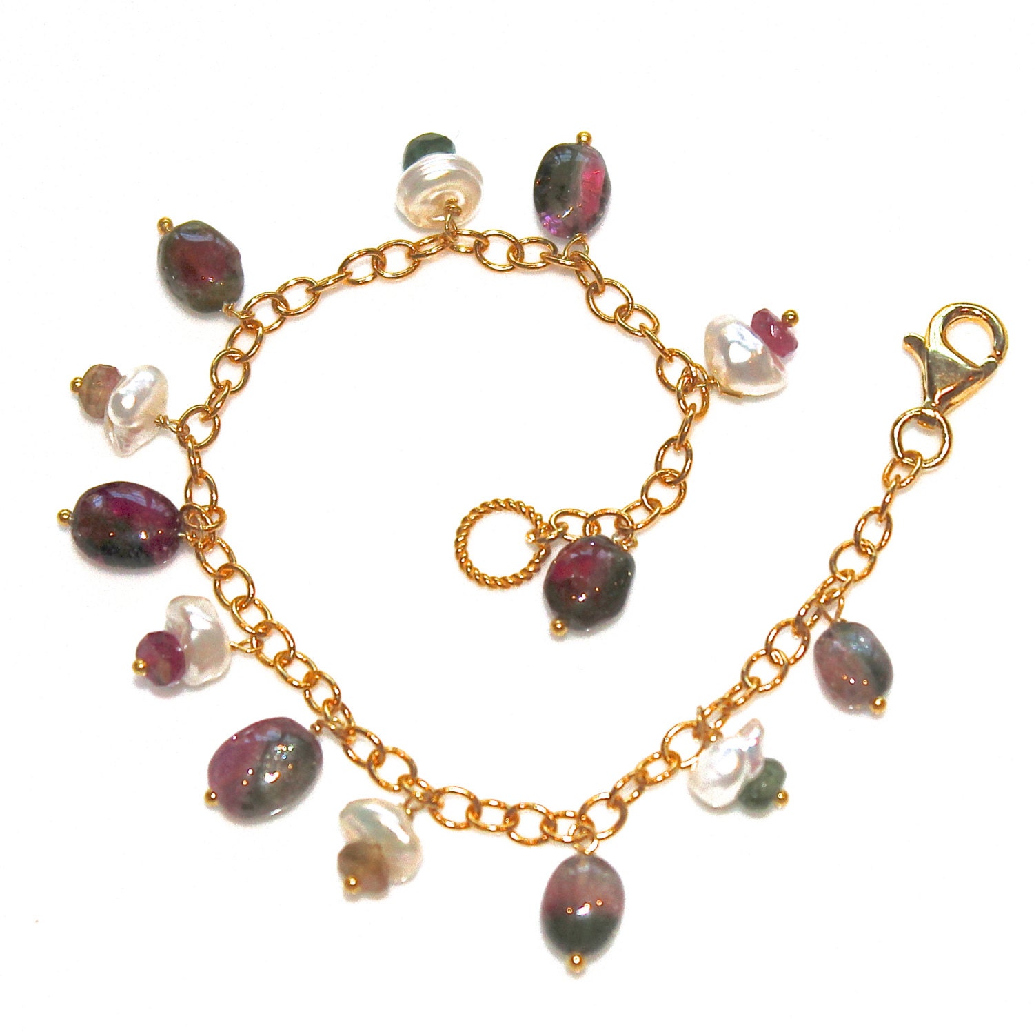 Watermelon Tourmaline Oval Bracelet Keshi Pearl Gold Vermeil Bracelet  Summer Jewelry