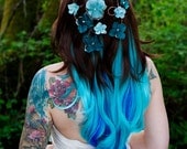 Unique Wedding Flower Crown - Hair Wreath - Cascading Veil of Turquoise Blue & Aqua Flowers - Floral Circlet