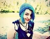 Glitter Blue and Tan/Brown Striped Hand Knit Beanie