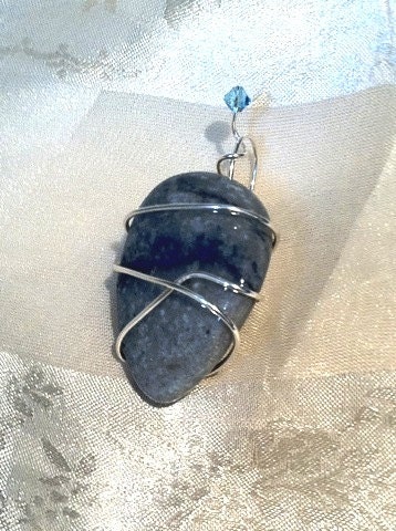 Blue Agate Pendant With Swarovski Crystal Accent Hand Wire Wrapped Stone Necklace Chain Also Available