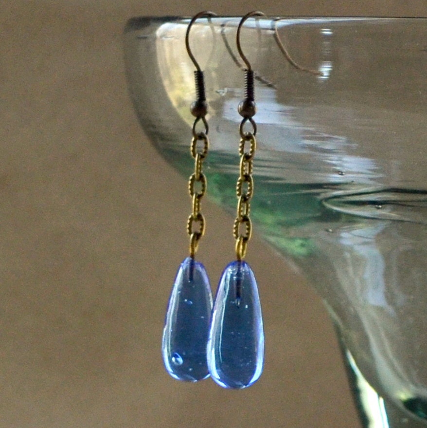 Boho Light Blue Teardrop Long Beaded Chain Dangle Earrings Antique Bronze Drop Bead Bohemian Hippie Fashion Jewelry Jewellery Free Shipping