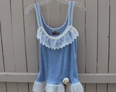 Upcycled Women's Romantic Tank Top / Blue Camisole With Lace / Cottage Chic Clothing