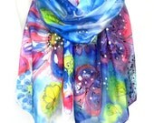Blue Shawl Scarf. Hand Painted Silk Scarf. Echarpe Foulard. Multicolour Shawl. Whimsical Gift for Her. 18x71 in. (45x180 cm). Ready2Ship.
