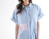 80s SURF boxy striped point break shirt top with CONTRAST color pocket