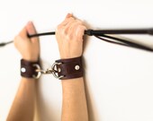 Chestnut Leather Bondage Cuffs - Steel Rings - Nickel Fasteners