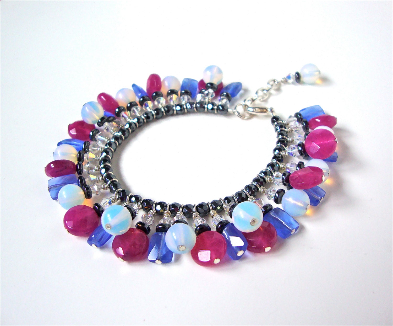 Candy colored bracelet - fucsia & light blue bracelet - opalite, jade, hematite, quartz - mixed stone charm bracelet by Sparkle City Jewelry