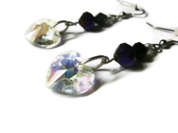 Clear Heart Earrings.Black,Purple,Clear Crystal and Glass Beads.Hypoallergenic French Ear Wire Hooks. Dangle Style. Valentine's Day Gift.