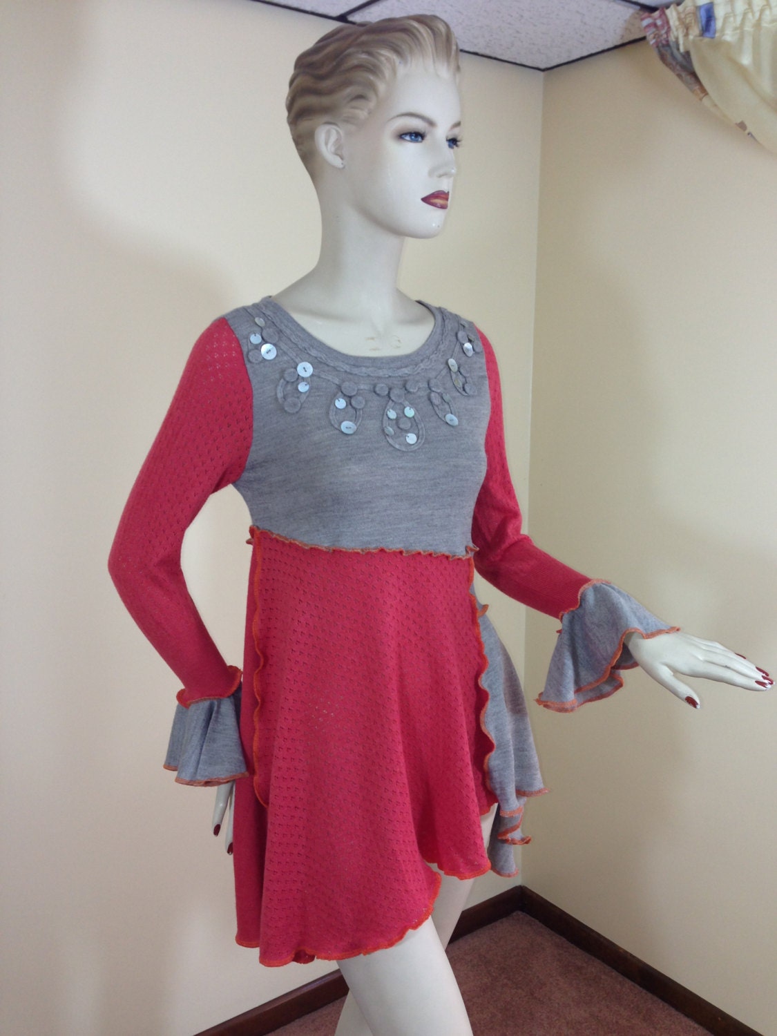 Tunic Asymmetric Patchwork Top Handmade Ruffled Cropped Sweaters Corral Beige Color Womens Clothing Small Size