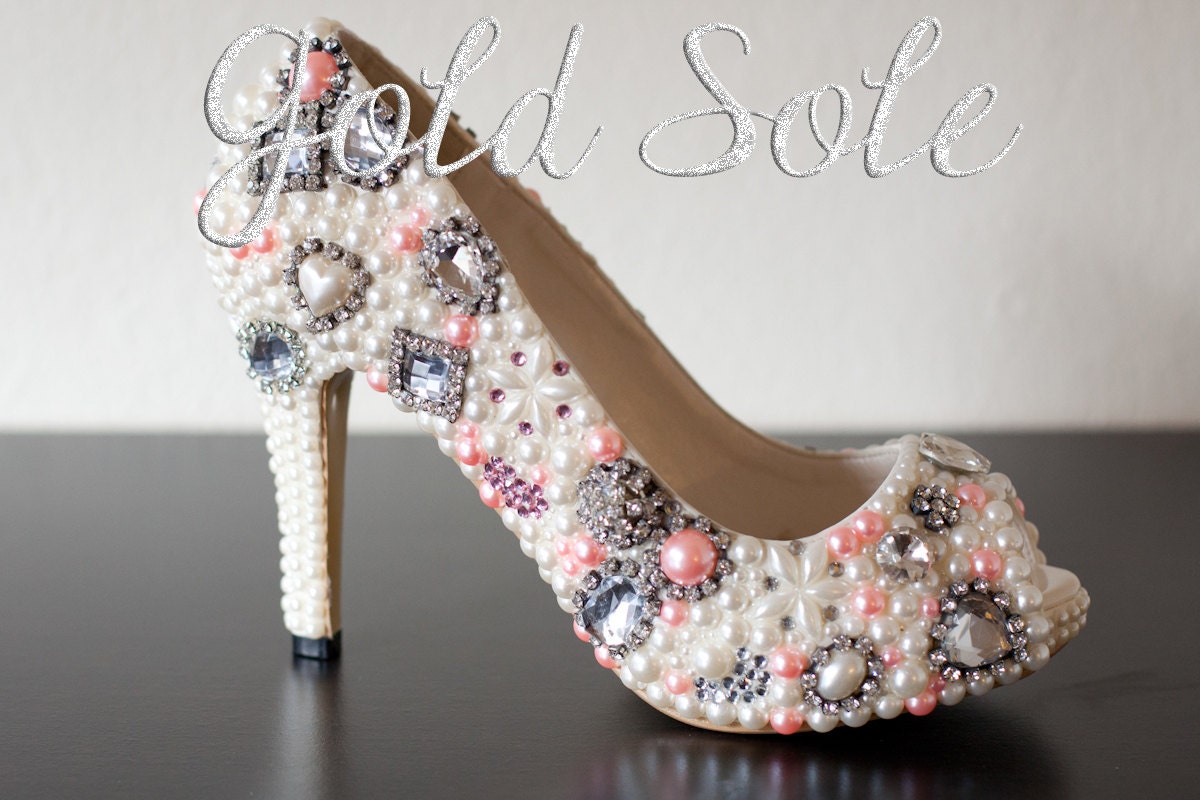 Embellished Bridal Wedding Shoes with Ivory and Pink Pearls