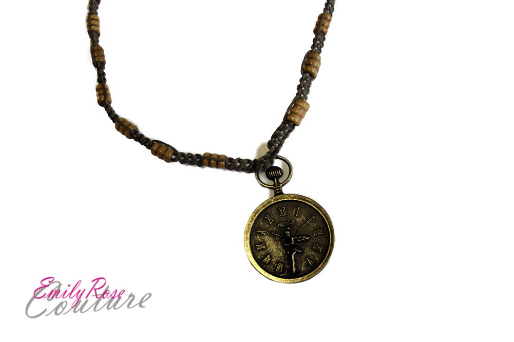 Bronze Fairy Clock Charm- Sage Hemp Necklace with Natural Wooden Beads