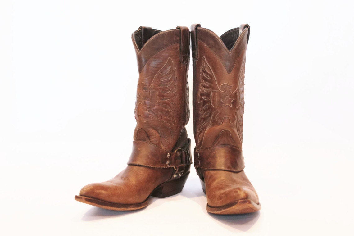 Brown Leather Cowboy Boots Eagle Harness Engineer Western Silver Ring Rockabilly Rocker