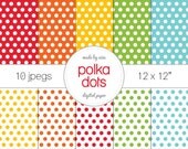 Polka dots Digital Paper Pack of 10 Rainbow - INSTANT DOWNLOAD 12x12"