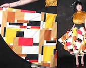 City Building Blocks - 60s MOD Vintage Circle Skirt COLOR BLOCK Red Yellow Brown Black and White Swing Midi by G & G Modern Jr