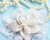 White Pearl Polymer Clay Flower and Freshwater pearl - Lace Brooch - Accessorize Anything -  Beautifully Packaged