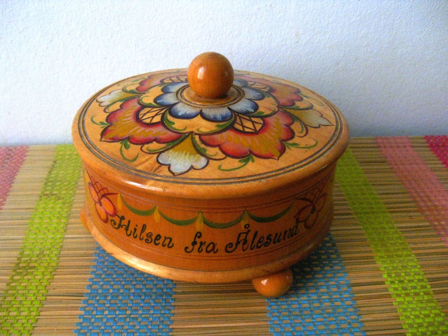 Vintage wood box souvenir Norway "Hilsen Fra Alesund", wooden box, jewelry box, hand painted box, floral box,