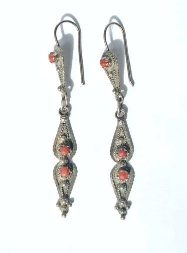 Vintage Tribal Jewelry, Berber Silver Red coral teardrop earrings