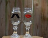 Fun His and Hers Custom Redneck Wineglasses with Mustache and Lips - Makes Great Gift