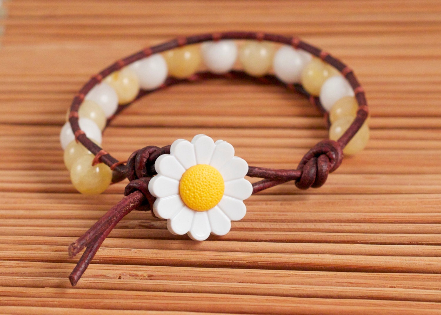 Sunflower Leather Wrap Bracelet  - Semi Precious Yellow and White Jade and  Beads, Brown Leather