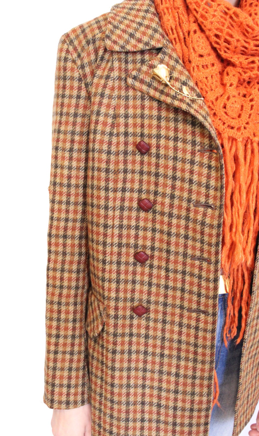 SALE Brown Wool Coat, Womens Vintage Blazer Jacket, Double Breasted Coat, Plaid, Heavy Outerwear, Long Sleeved, Medium, Hipster