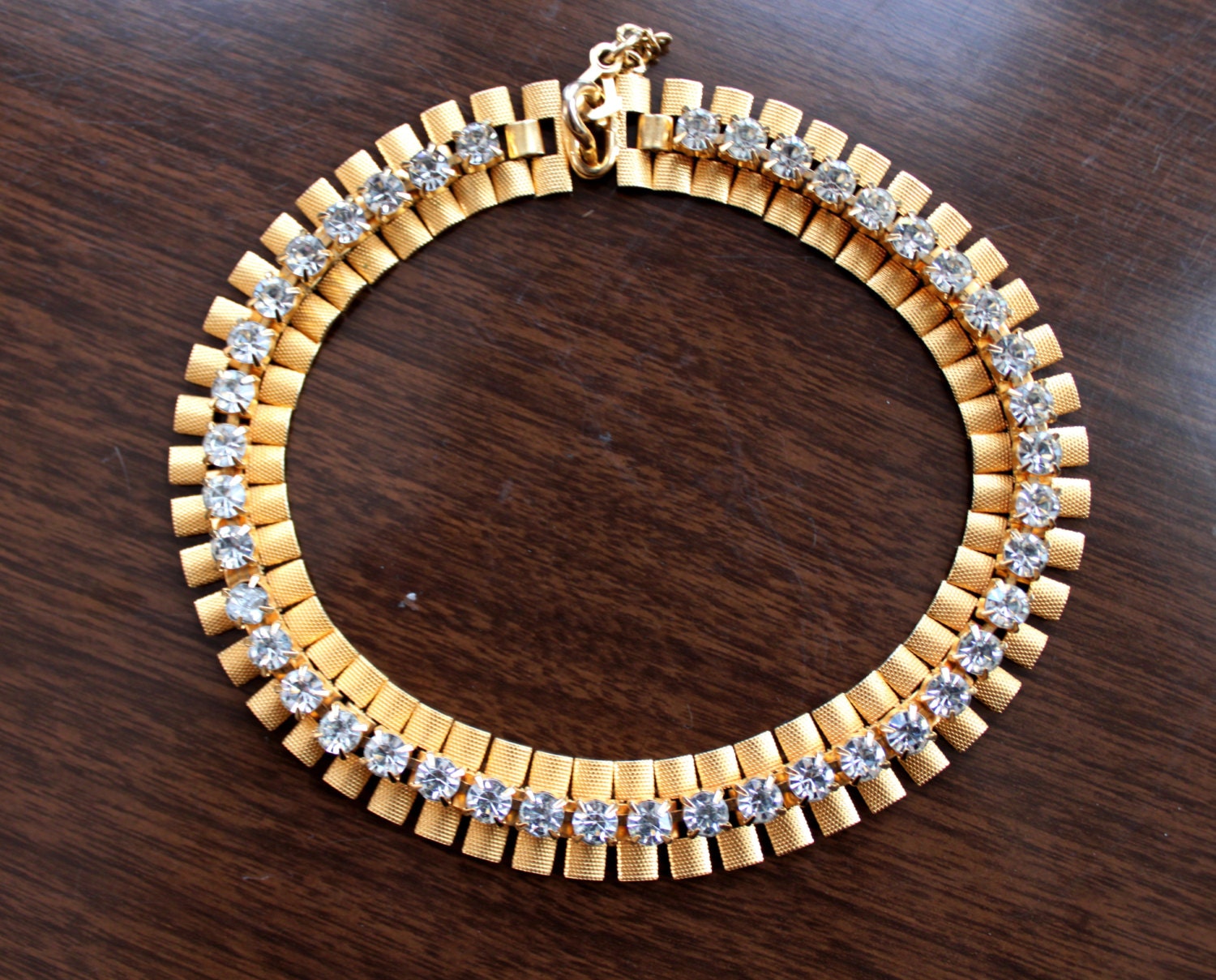 1950s Art Deco Gold Rhinestone Formal Choker Necklace