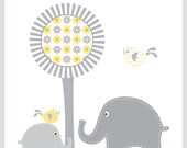 11X14 gray, gold, and yellow elephant  kids wall art, art for babies room, nursery wall decor, bird and tree. digital collage art, prints
