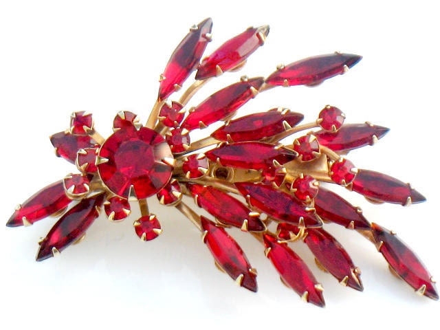 Ruby Red Vintage Brooch 1950s Rhinestone Jewelry Pin Collectable Judy Lee Spray Style Unsigned Beauty