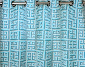 Pair of Grommet Top Curtains in Mandarin Blue Turquoise and  Natural Dossett Towers Greek Key print