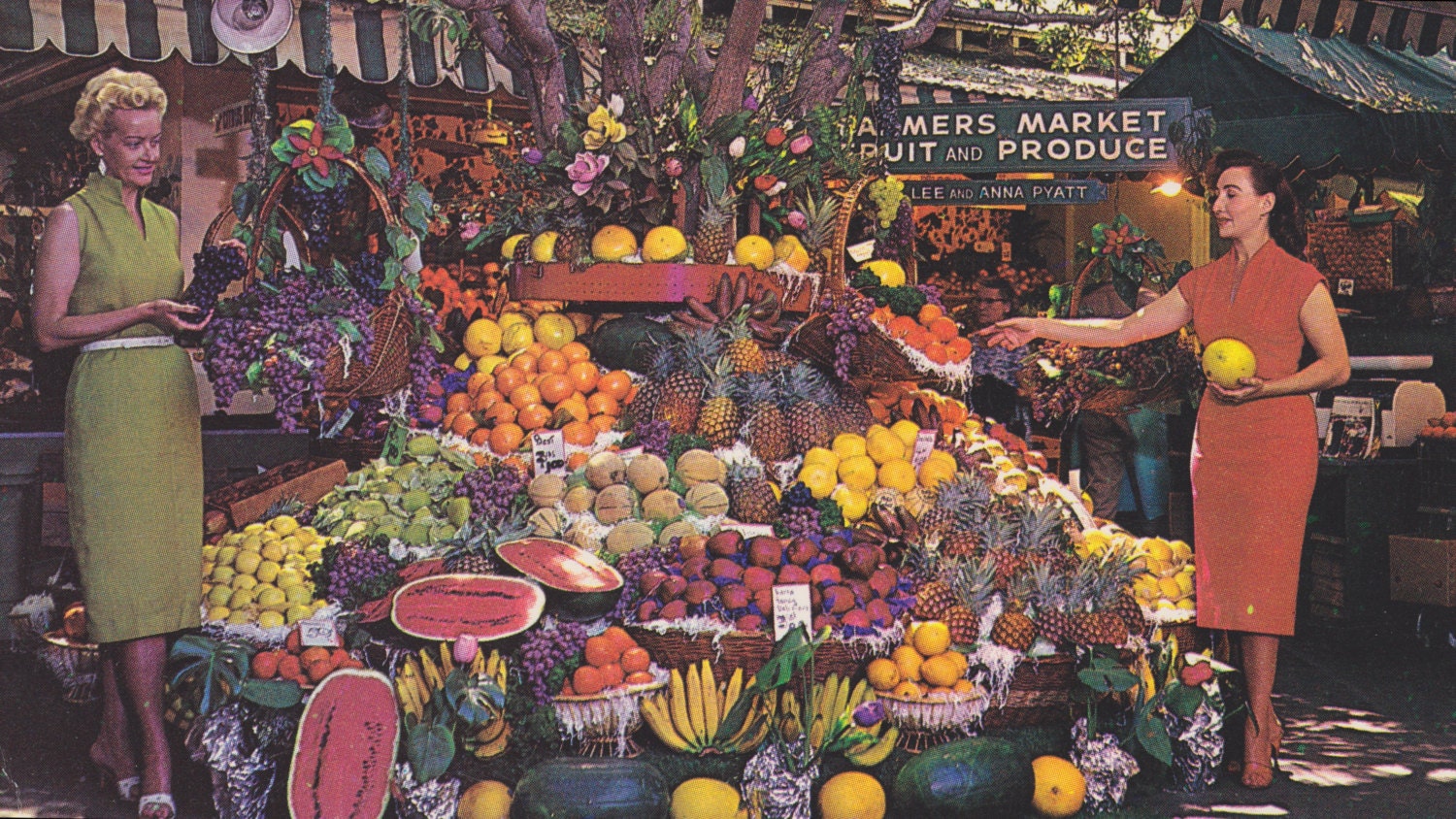 LOS ANGELES, CALIFORNIA - Farmer's Market, Vintage Postcard, Used and Stamped, 1960s, Plastichrome, Mitock & Sons