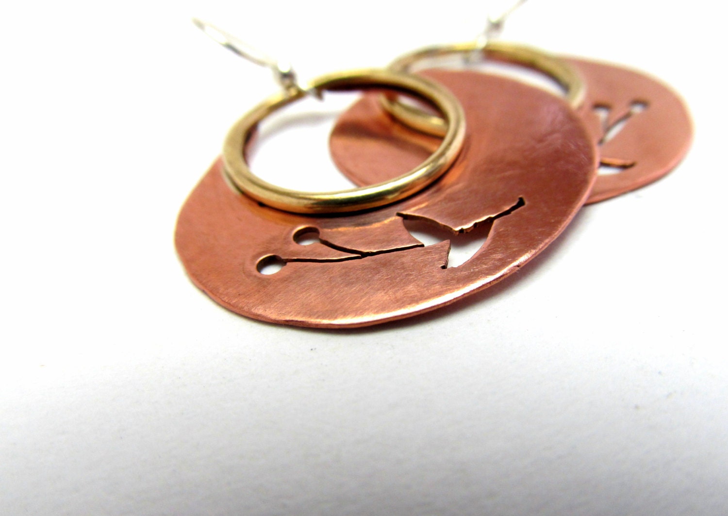 Copper and Brass Flower Cutout Earrings, Mixed Metal Oval Earrings, Women's Earrings, Modern Minimalist