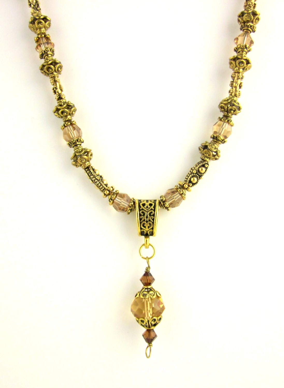 Amber and Gold Pendant Necklace, Beaded Necklace, Beadwork Necklace, Statement Necklace, Gifts for Her, Women's Jewelry, Weddings