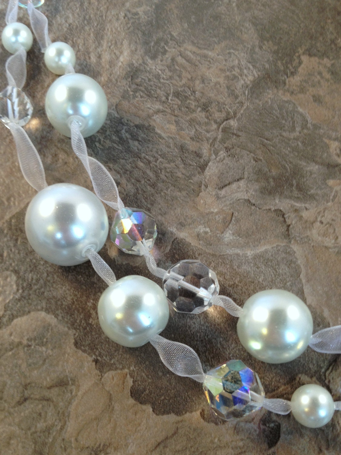 Multi Strand Pearl Necklace on White Organza Ribbon with Sterling Silver Clasp