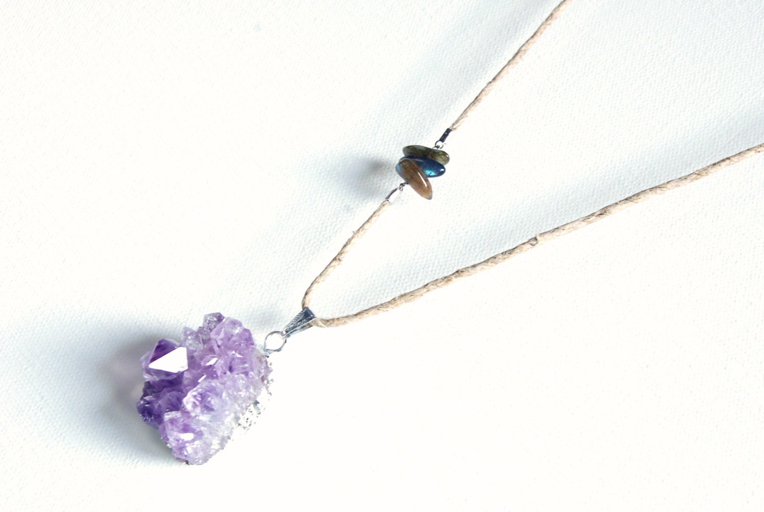 SPRING SALE Amethyst Long Pendant Necklace Mineral Ying Yang Hemp Jewelry Raw Chunky Labradorite Purple Stone Pendant Folk Shaman