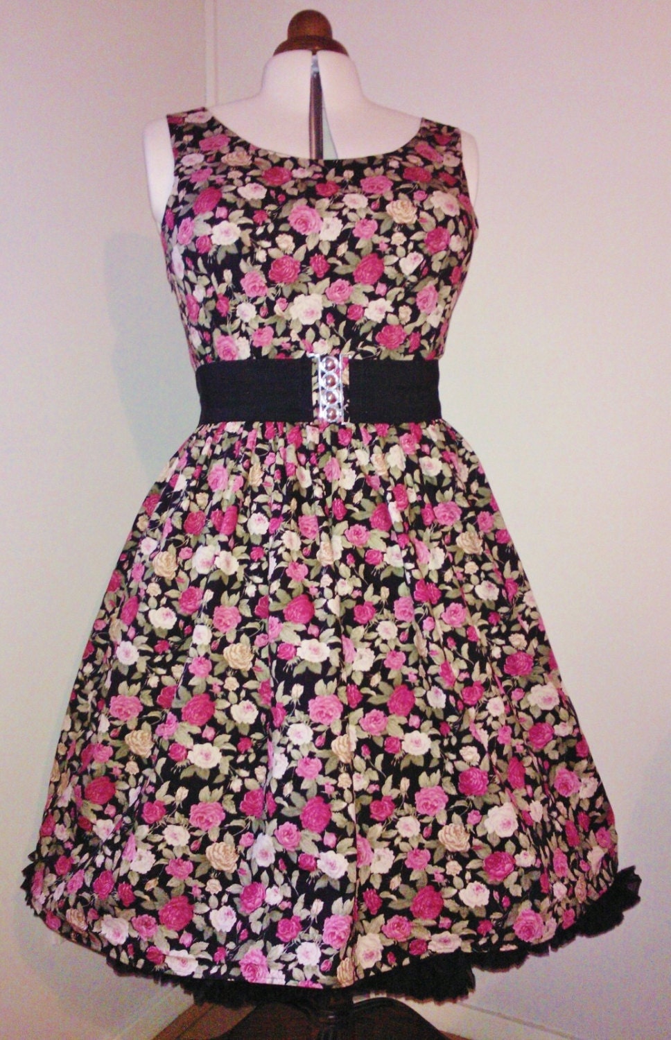 1950's inspired sundress in vintage style black, pink and cream floral cotton. UK size 20