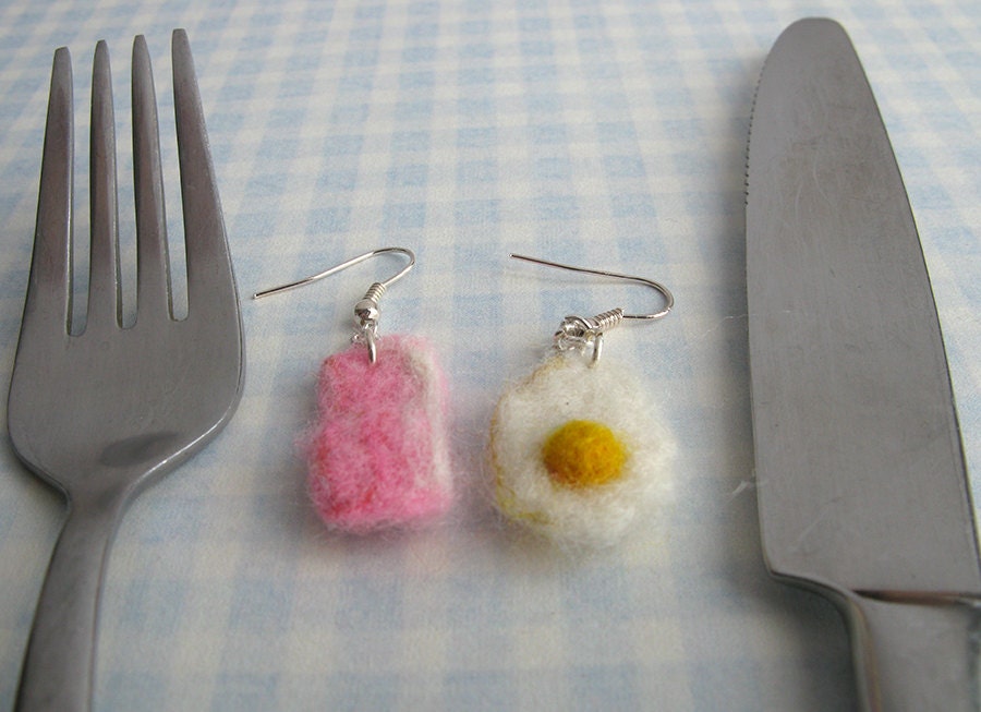 Bacon and Egg Needle Felted Earrings Quirky Wool Jewelry